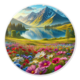 Bouton De Porte En Céramique Ressort coloré/lac de montagne fleuri