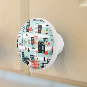 Bouton De Porte En Céramique Rétro Cityscape Aqua Noir Rouge