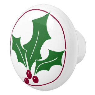 Bouton De Porte En Céramique Retro Holly Berries I, Red Trim