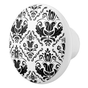 Bouton De Porte En Céramique Rétro motif blanc noir élégant de damassé