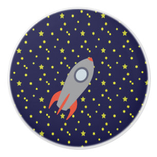 Bouton De Porte En Céramique Retro Rocket Ship avec Arrière - plan Motif étoile