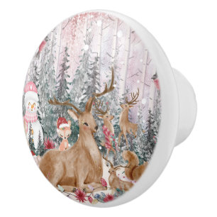 Bouton De Porte En Céramique Rinder d'aquarelle rose, Snowman Joyeux Noël