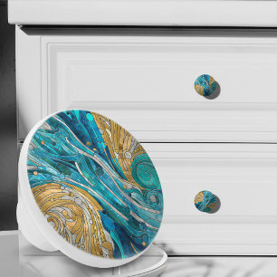 Bouton De Porte En Céramique Rivière aigue-marine Art Mosaïque Abstrait