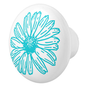 Bouton De Porte En Céramique Robin Egg Blue Daisy Print, Hippie Flowers Motif