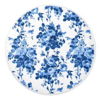 Bouton De Porte En Céramique Romantique Vintage Roses-Bleu sur Blanc