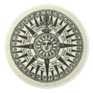 Bouton De Porte En Céramique Rose de boussole vintage Sun