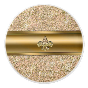 Bouton De Porte En Céramique Rose et Or Paillettes Pailleté Fleur de lis Chic