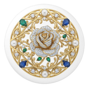 Bouton De Porte En Céramique Rose Fleur Cristal Or Diamant Pierres Précieuses G