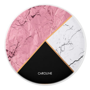 Bouton De Porte En Céramique Rose Gold Noir et Motif Marbre blanc