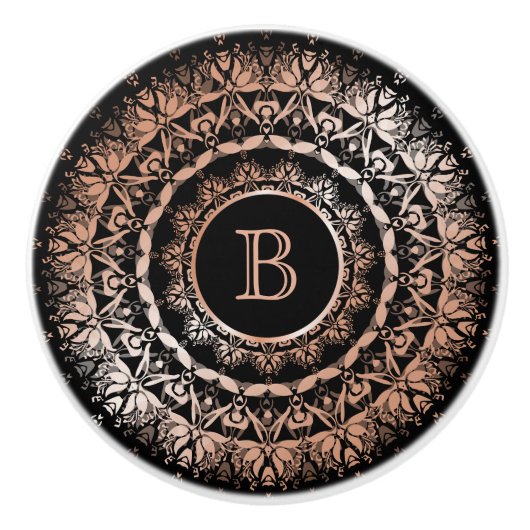 Bouton De Porte En Céramique Rose or noir floral Mandala Monogramme (Devant)