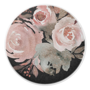 Bouton De Porte En Céramique Rose Poudrée Paillettes Roses Foncé Floral Glamour
