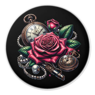 Bouton De Porte En Céramique Rose Steampunk, clé métallique et montre de poche