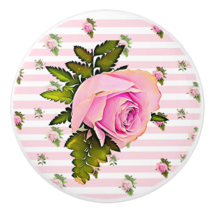 Bouton De Porte En Céramique Rose vintage rayé Chic Blanc Knoc