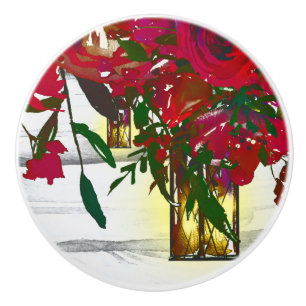 Bouton De Porte En Céramique Roses aquarelles rouges romantiques et lanterne ru