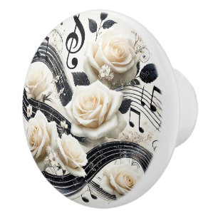 Bouton De Porte En Céramique Roses blanches élégantes et accent de notes de mus