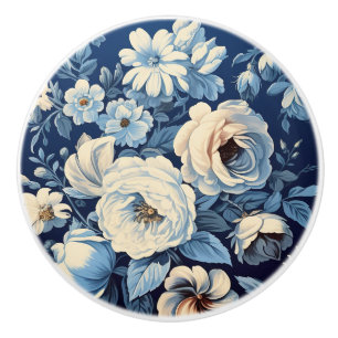 Bouton De Porte En Céramique Roses blanches sur Indigo Arrière - plan bleu