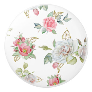 Bouton De Porte En Céramique Roses élégants avec le feuille gravé par or