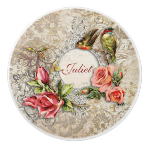 Bouton De Porte En Céramique Roses et oiseaux de damassé vintages personnalis