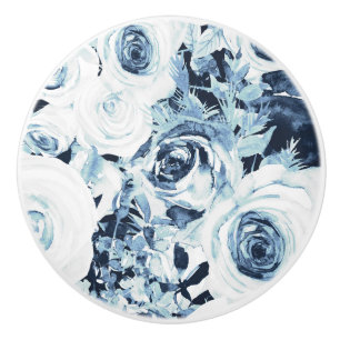 Bouton De Porte En Céramique Roses Florales Blanches Bleues Hiver Vintage Shabb