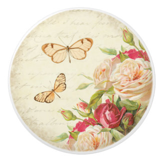 Bouton De Porte En Céramique Roses floraux et bouton en céramique vintage de