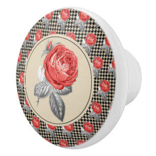 Bouton De Porte En Céramique Roses roses vintage et motif pied de poule