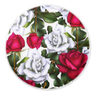 Bouton De Porte En Céramique Roses Rouges & Blanches Shabby Chic Rustique Moder