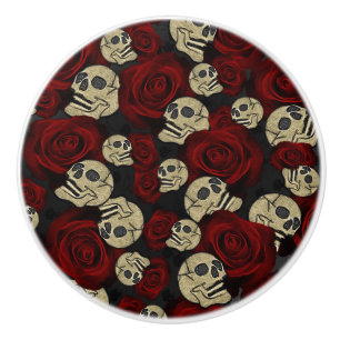 Bouton De Porte En Céramique Roses Rouges & Crânes Floral Gothique Gris Noir
