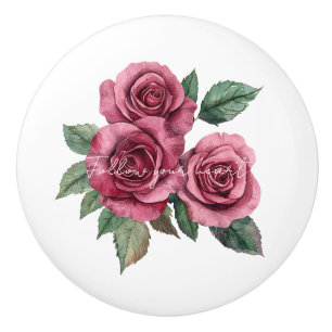 Bouton De Porte En Céramique Roses Rouges Floral
