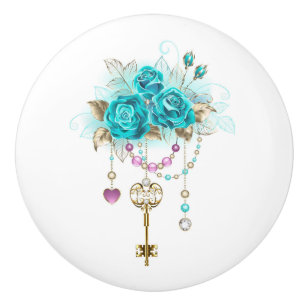Bouton De Porte En Céramique Roses turquoise avec touches