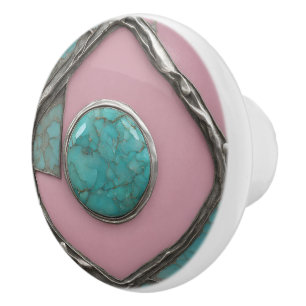 Bouton De Porte En Céramique Rosestone Turquoise Core et Argent Sculpté