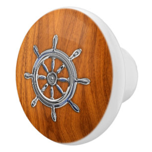 Bouton De Porte En Céramique Roue nautique de chrome sur la copie en bois de