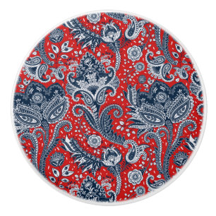 Bouton De Porte En Céramique Rouge Blanc & Bleu Floral Paisley Bohème Bohème