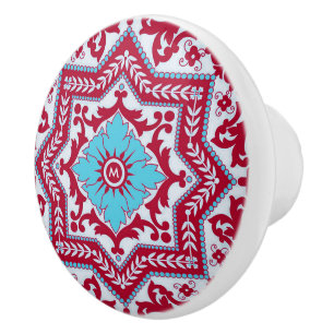 Bouton De Porte En Céramique Rouge bleu céramique Azulejo Vintage Monogramme