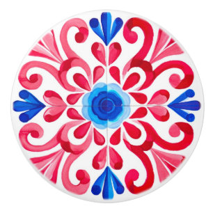 Bouton De Porte En Céramique Rouge & Bleu Talavera Floral Traditionnel Mexicain