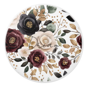 Bouton De Porte En Céramique Rouge Bourgogne Crème Noir Floral