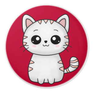 Bouton De Porte En Céramique Rouge chat blanc mou