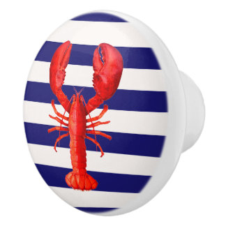 Bouton De Porte En Céramique Rouge homard bleu marine rayures blanches