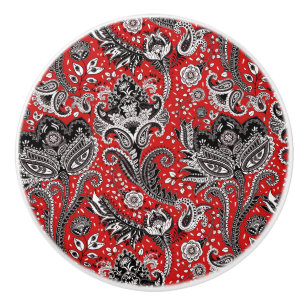 Bouton De Porte En Céramique Rouge Noir & Blanc Floral Paisley Bohème Boho
