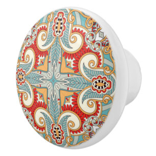 Bouton De Porte En Céramique Rouge Turquoise gris bleu soleil jaune kaléidoscop