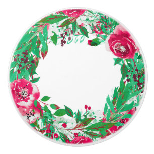 Bouton De Porte En Céramique Rouge Vert Fête de Noël Floral Fleurs Hiver