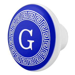 Bouton De Porte En Céramique Royal Blue Wt Grèce clé cadre de ligne initiale Mo