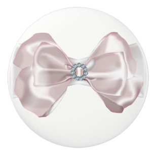 Bouton De Porte En Céramique Ruban en Satin Rose Blush & Diamants Élégant
