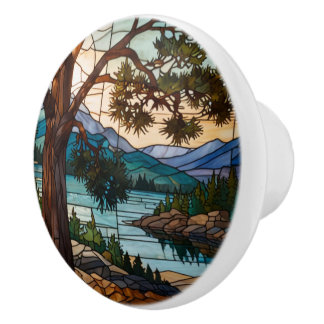Bouton De Porte En Céramique Rustic mountain range landscape stain glass 