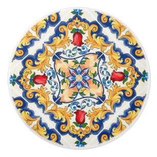 Bouton De Porte En Céramique Safran Rouge Floral Sicilien Majolique Méditerrané