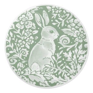 Bouton De Porte En Céramique Sage Green White Woodland Animal Rabbit Motif 