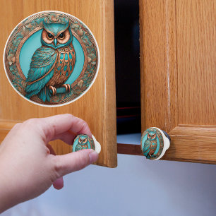 Bouton De Porte En Céramique Sage Hibou Turquoise