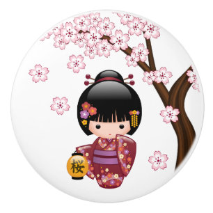 Bouton De Porte En Céramique Sakura Kokeshi Doll - Cute Japonaise Geisha Girl