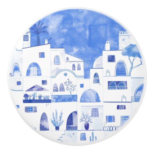 Bouton De Porte En Céramique Santorin Grec Ile Aquarelle Townscape (Devant)