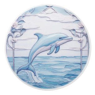 Bouton De Porte En Céramique Sauts Dolphin Art Nouveau Faux Relief Bleu clair