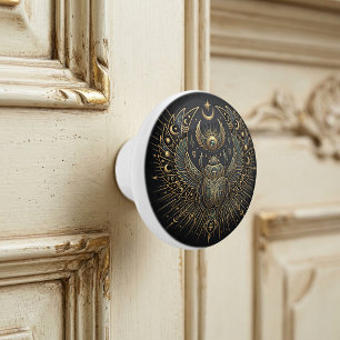 Bouton De Porte En Céramique Scarabée Égyptien Doré avec Éléments Célestes Ankh